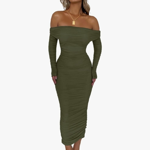 PrettyGarden Dresses & Skirts - PRETTYGARDEN Fall Off Shoulder Maxi Bodycon Long Sleeve Ruched Fitted Club Dress